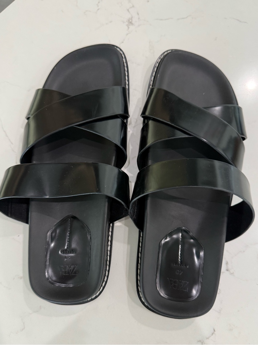 Never Worn Zara Black Slide Sandals with Embossed Logo - Picture 1 of 6